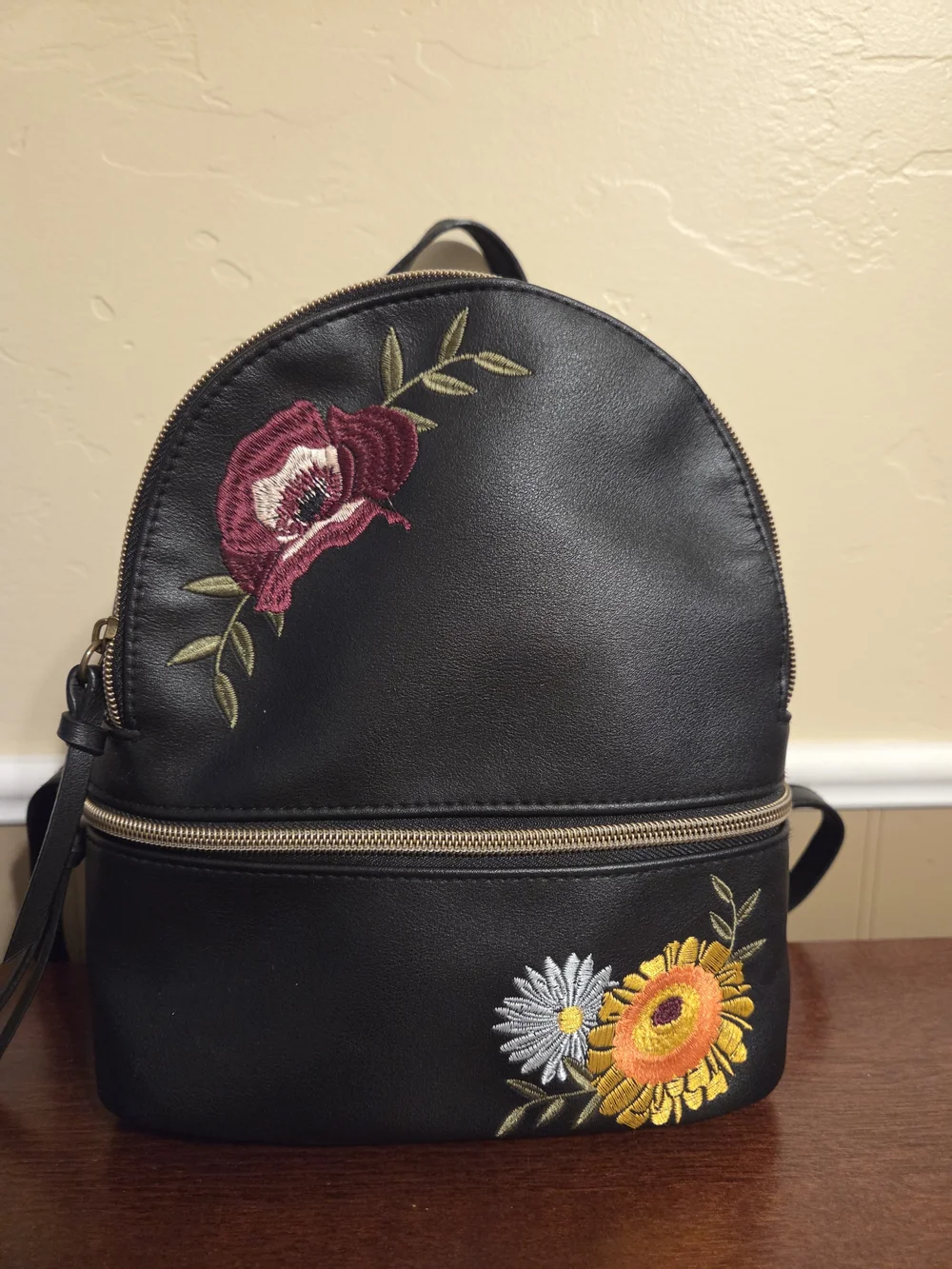 Black Floral Embroidered Mini Backpack